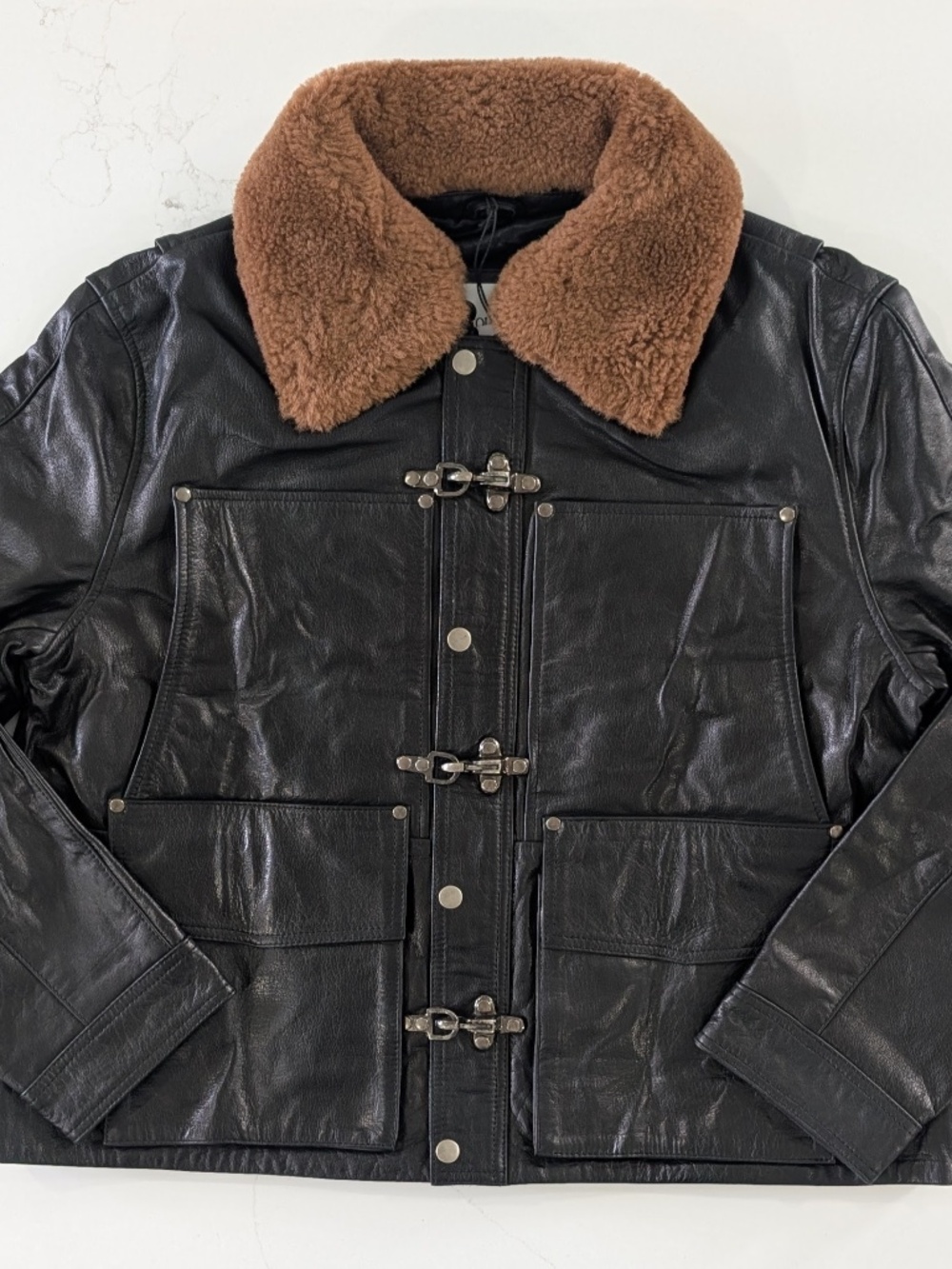 FOUND Men’s Leather Fireman Jacket Sherpa Collar Utility Coat Black Size M New